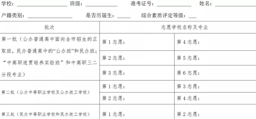 东莞中考志愿填报表