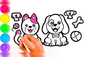 手工绘画图:用彩色颜料画出可爱的小猫小狗!儿童绘画艺术教育