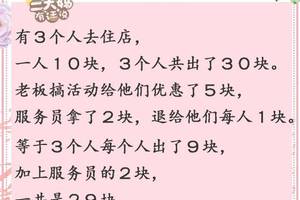 动脑游戏   智力题,三人住宿,怎么少了一块钱?