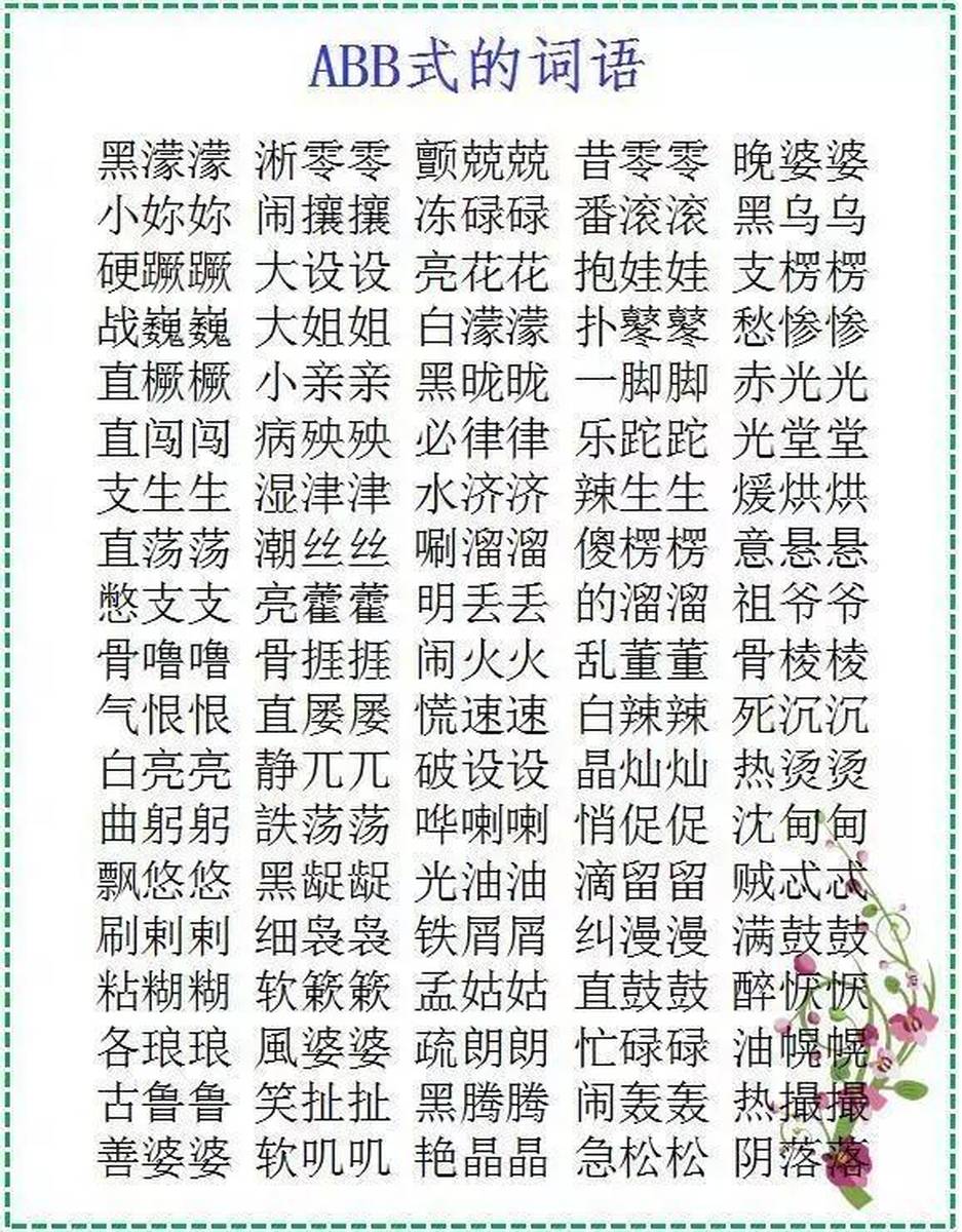 abb+aabb+aabc+abac必考词语大汇总！贴墙上，小学6年考试不愁！