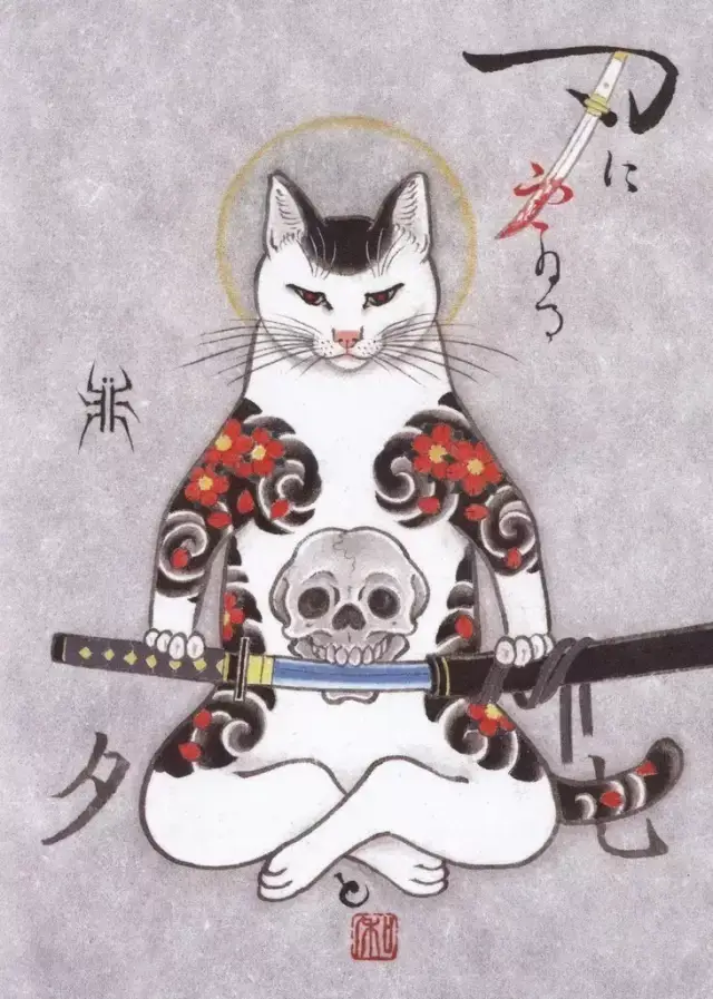 horitomo将猫和纹身结合在一起,创作出了一系列浮世绘风格的猫身绘画