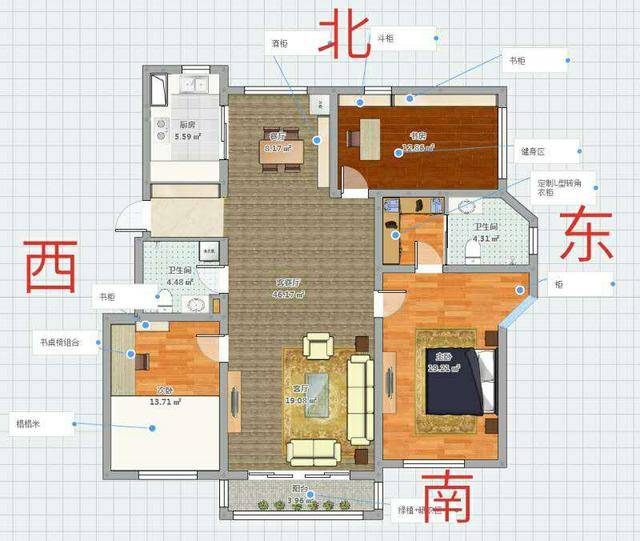 客厅阳台和主卧窗户是家里采光最大的面,所以房子的朝向是南面,坐向是