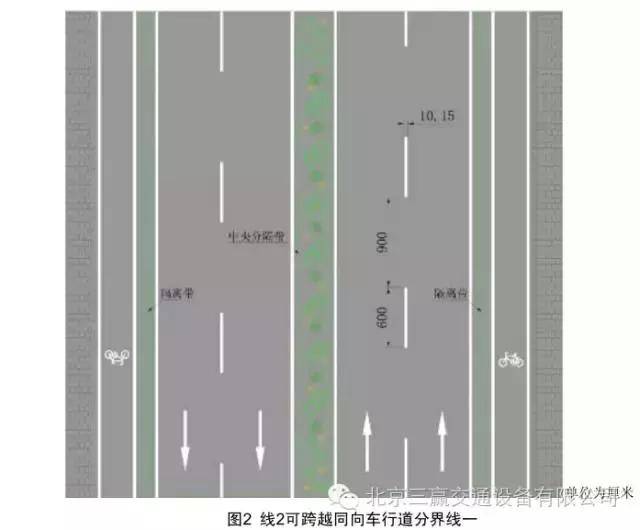 3 可跨越同向车行道分界线一般线宽为10cm或15cm,交通量非常小的农村