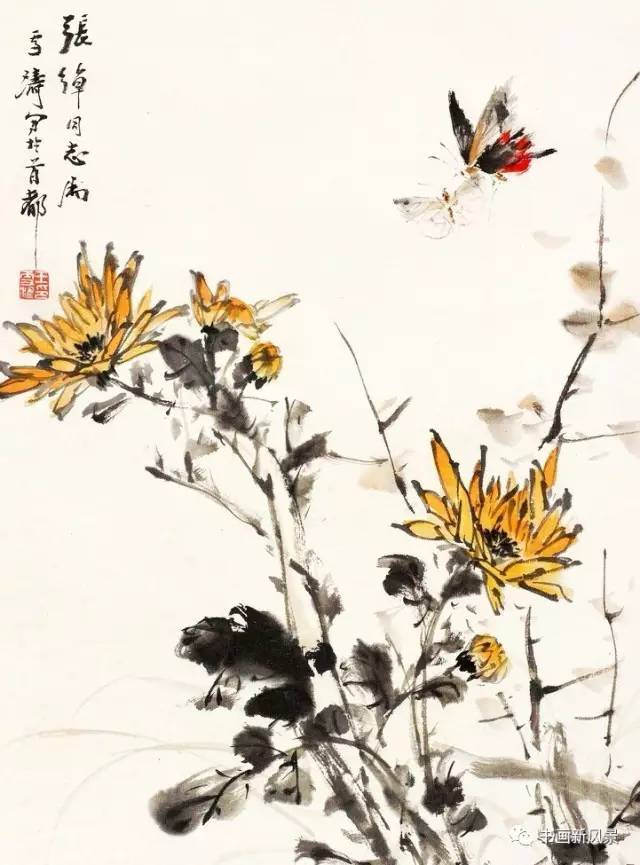 王雪涛的画菊,注重整颗菊花整体的外形,而且都有意增加花朵与叶子的