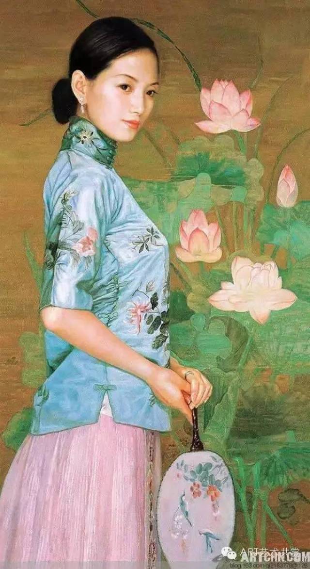 晚清身穿旗袍美女的油画作品