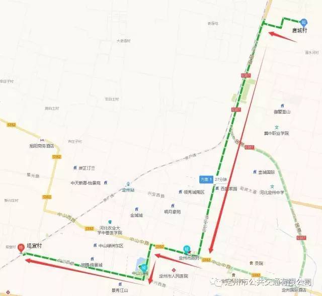 唐城→三公司训练场→唐河桥收费站→清水河村口 → 8643部队 →公交