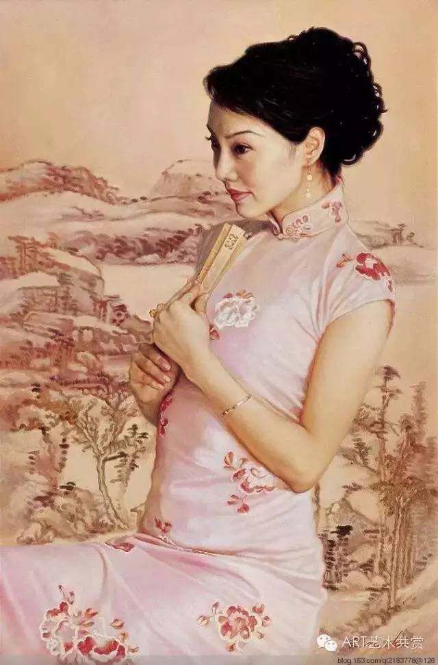 晚清身穿旗袍美女的油画作品