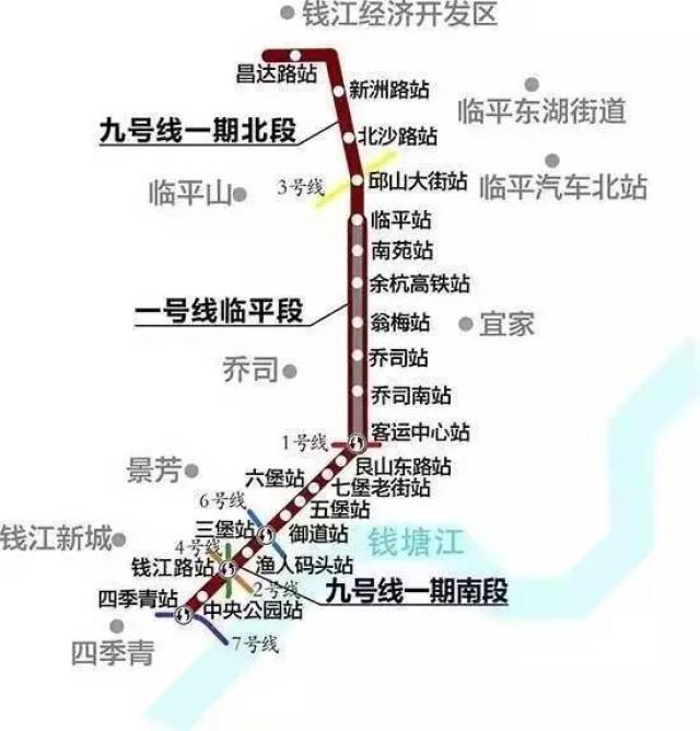 杭州地铁9号线路图 我们从地图上可以看到,从禹越的东港到昌达站