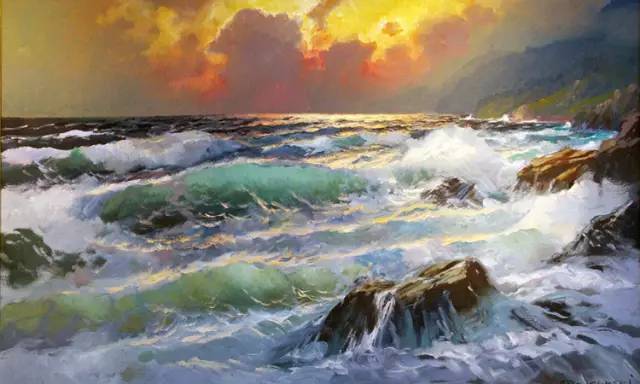 俄罗斯艺术家 eugene garin 气势磅礴的海景油画