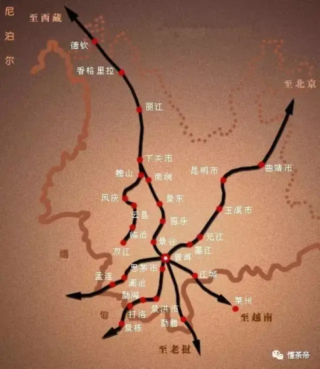 茶马古道主要有两条路线:  1, 滇——藏——外国:从云南普洱茶原产地