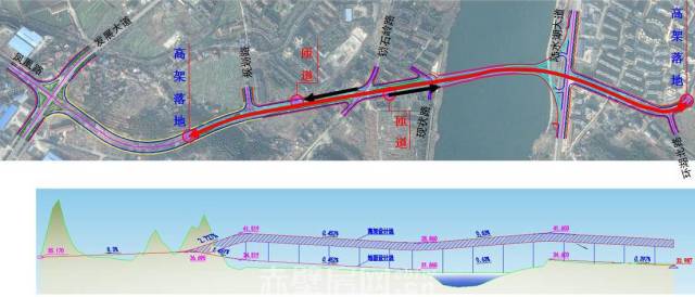 方案2: 西岸:接发展大道,在桩号ko 480处起坡至高架引桥段,跨规划路