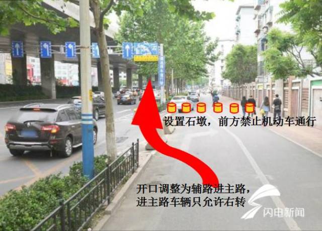 同时取消西侧辅路(下桥口至路口)上的右转车道(下桥口以北辅路西侧