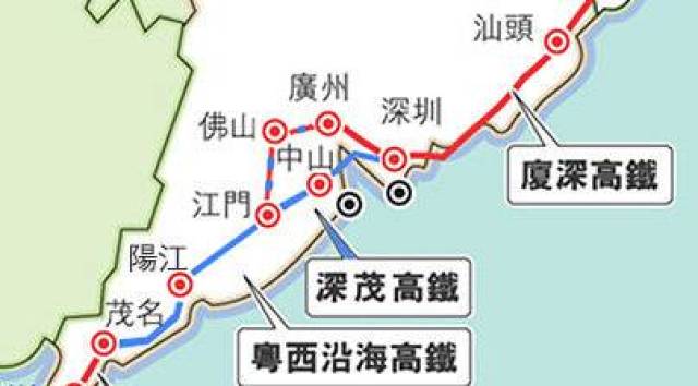 厦深铁路,赣深客专,在珠江西岸江门枢纽与深茂铁路江茂段贯通.