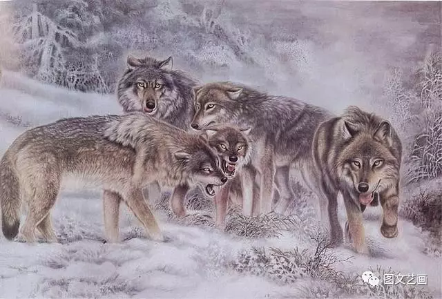 左进伟,工笔画《夜幕群狼》,国家二级保护动物