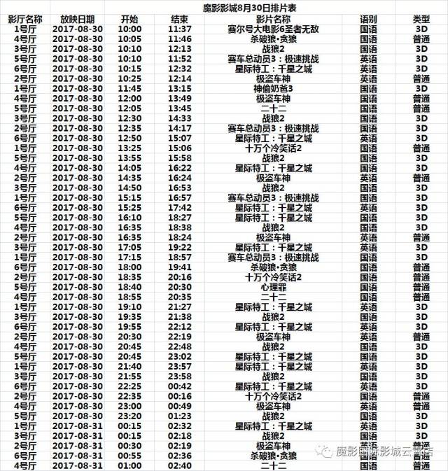 8月30日魔影影城排片表