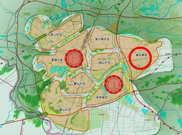 最新徐州城市规划,徐州中心城区分成8大片区,其中高铁以东即城东新区