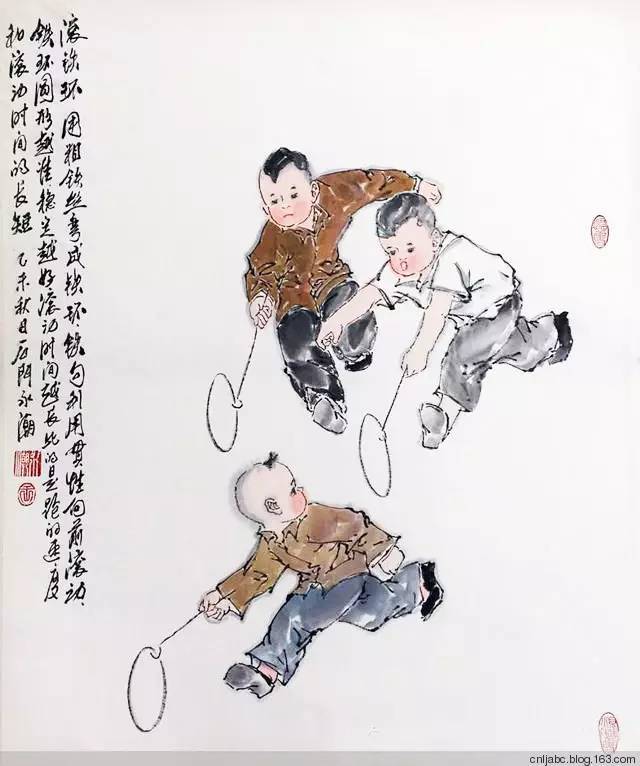 王永潮童趣题材的国画《六七十年代农村孩子玩什么》