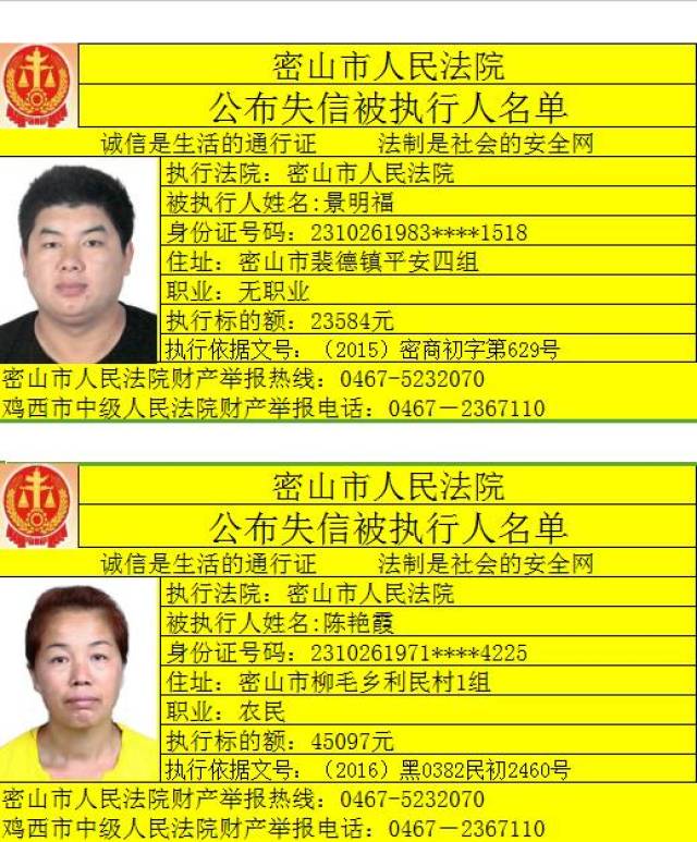 [又一批老赖]密山失信被执行人名单