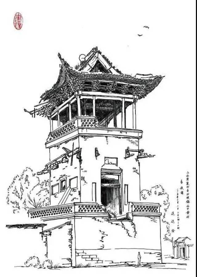 连达通过多年摸索, 以线条来表现古建筑, 类似于传统中国画的白描.