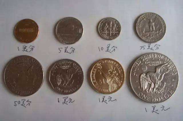 硬币有常用的25分(quarter),10分(dime),5分(nickel),1分(penny)和50