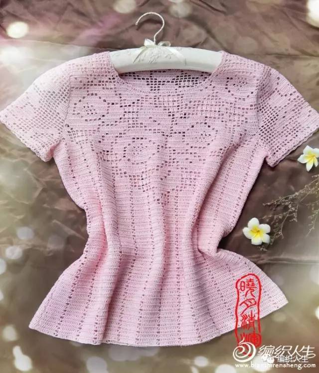 简约唯美的钩针方格玫瑰花套头衫(附详细自绘改版图解)