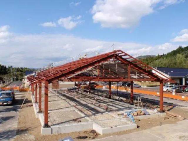 双坡屋面单层重型钢承重框架,搭建完成时的施工现场全景
