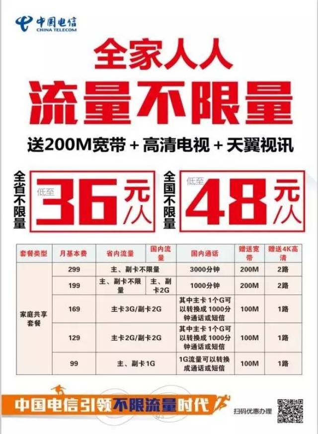 电信无限流量套餐,全家任享, 每号码低至36元!