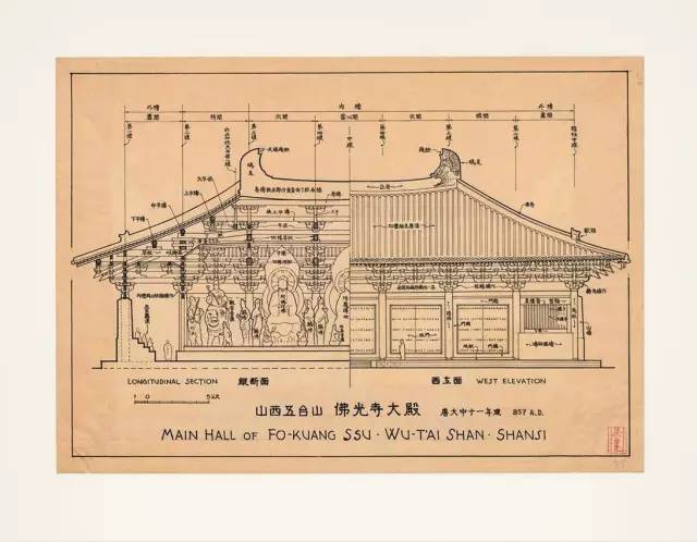 佛光寺东大殿手绘图.图片来自《梁思成 图像中国建筑史>手绘图》