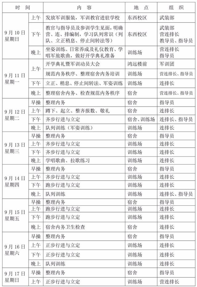 2017年新生军事技能训练计划表
