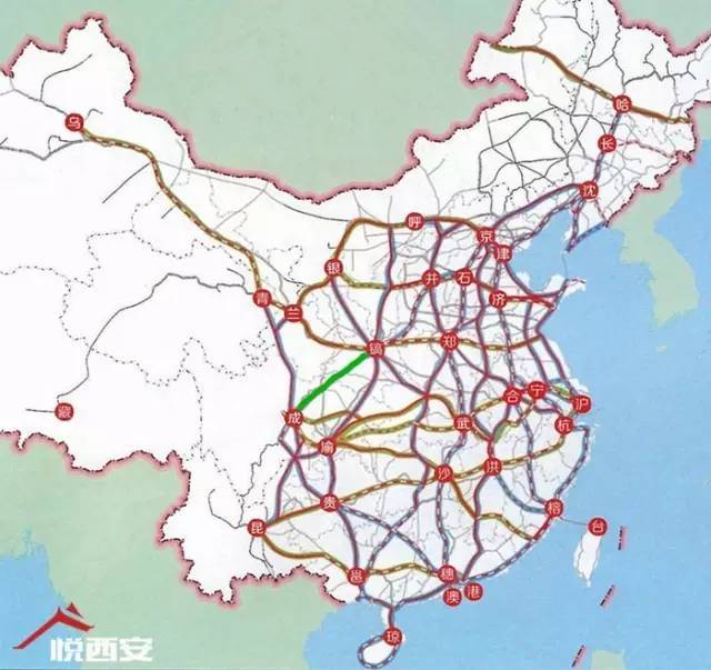 丨国家中长期高速铁路网中的西成高铁(绿线)丨