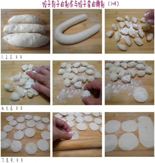 把面剂子擀成直径约7cm左右的圆形饺子皮,重复以上动作,把所有的面饼