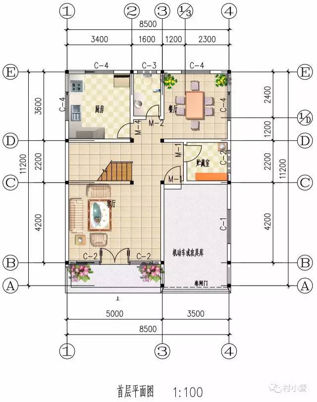 一层设有机动车农具库,屋外的卷闸门方便机动车进出.