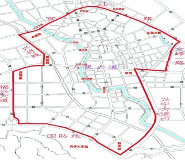兴宁市城区禁止黄标车通行区域示意图