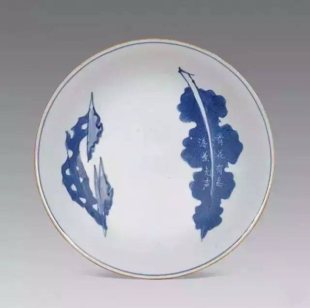 清顺治 青花树叶题诗盘
