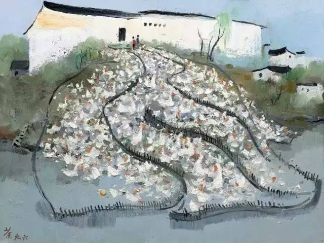 小村即景 1987年作 这是吴冠中以山水画情的典型作品之一,这是油画