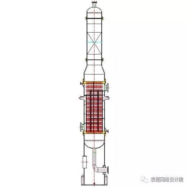 图1 该塔采用分段法兰连接结构,上半部分为填料塔,下半部分为固定管