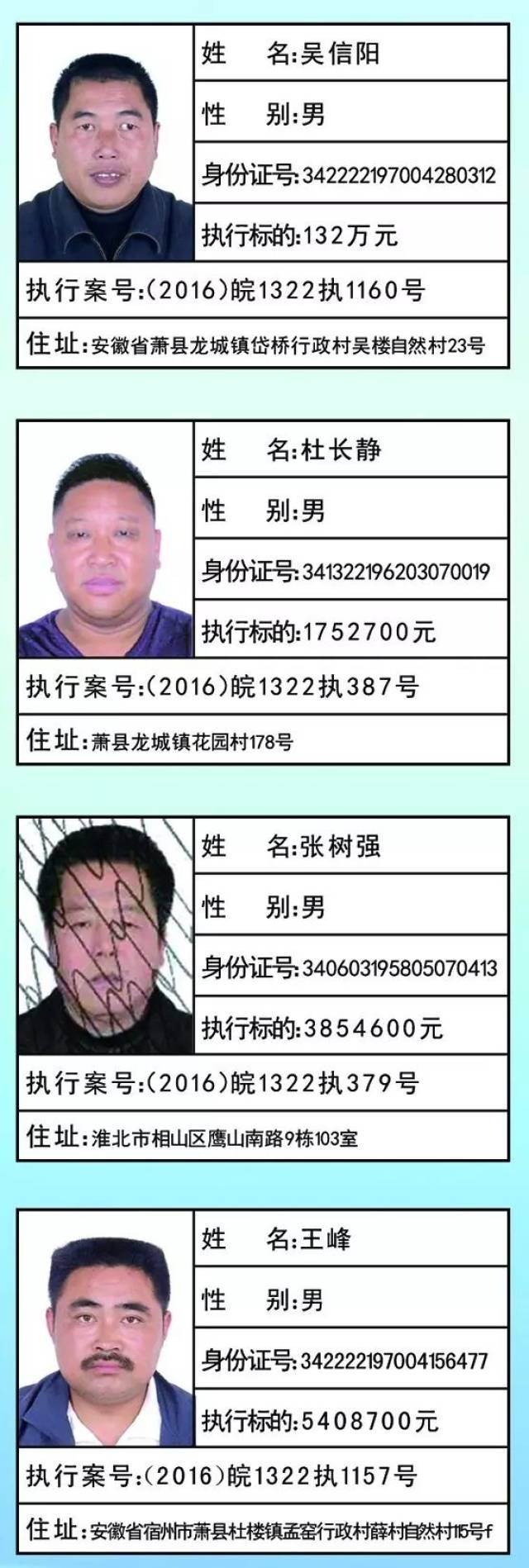 曝光台:萧县人民法院失信执行人公告:(一)
