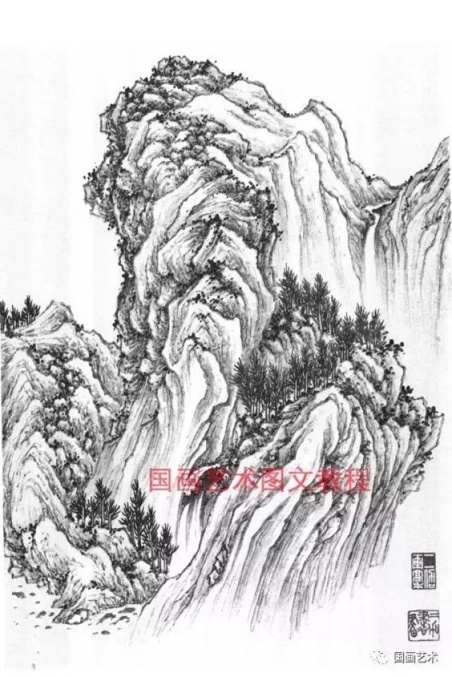 披麻皴的运用(一) 以明勾,淡皴,浓点为基本画法.