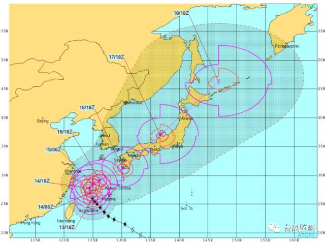 日本气象厅9月14日08时发布的1718号台风"泰利"未来路径概率图