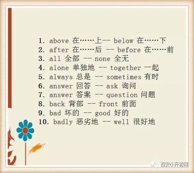 西安小升初必知:100个英语单词反义词,真没