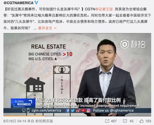 cgtn@记者王冠用英语为全球观众解答:"灰犀牛"常用来比喻大概率且