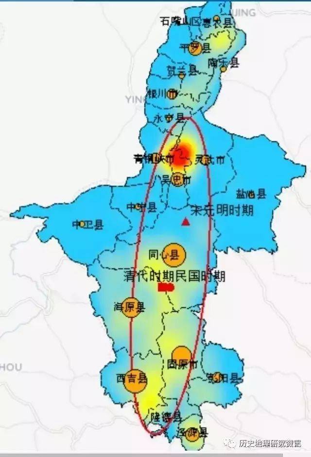 利用热度分析生成的宋元以来宁夏清真寺分布区中心变动图