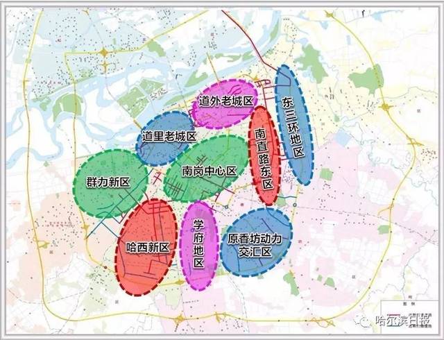 群力新区,道里老城区,哈西新区,学府区,南岗中心区,道外区,原香坊