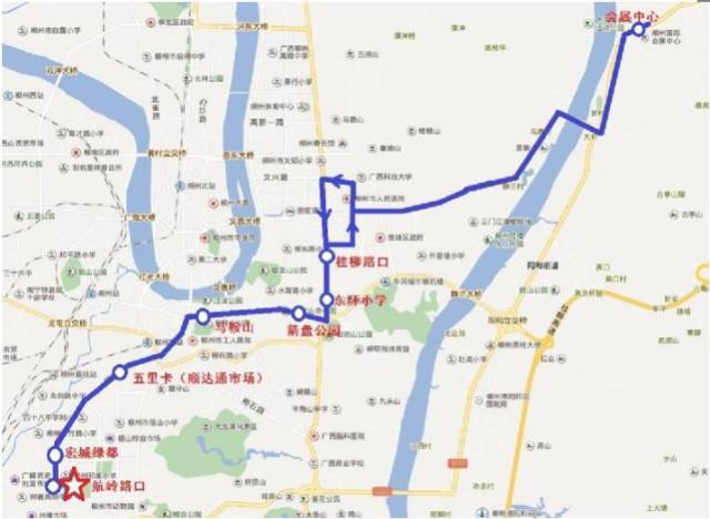 沿线停靠站点:宏城绿都,五里卡(顺达通市场),马鞍山,箭盘山公园,东环