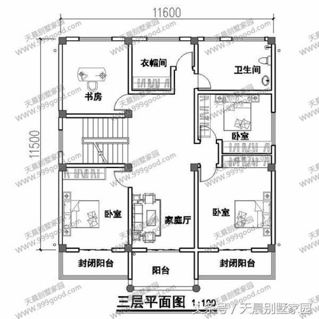 三层别墅设计图:卧室3间,书房,家庭厅,卫生间,衣帽间,封闭阳台.