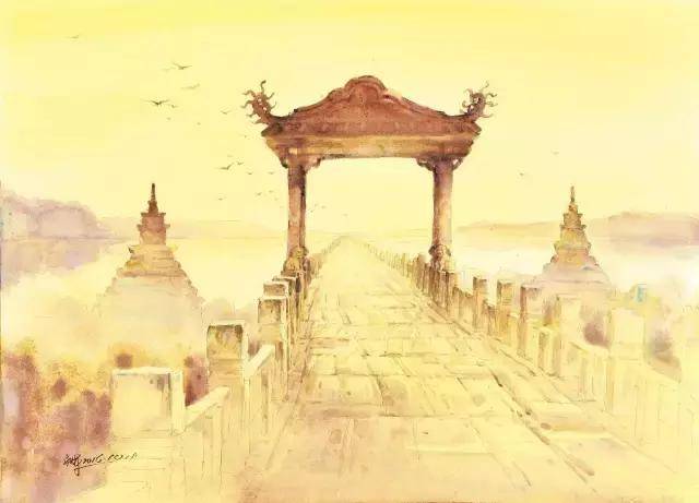 蔡永辉《安平桥晨曦》水彩画