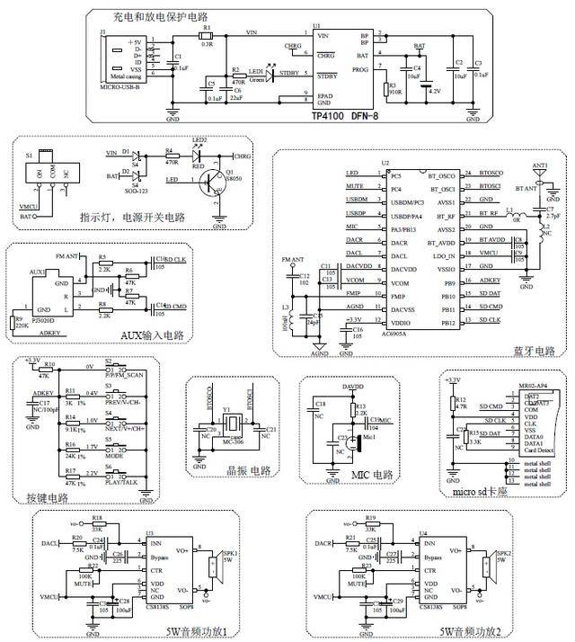 电路结构,充电,保护:tp4100音频功放:cs8138s*2蓝牙芯片:ac6905a7