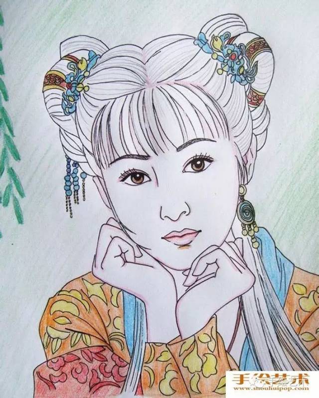 【手绘作品教程】美女人物彩铅画教程:中国古典美女头像彩色铅笔画