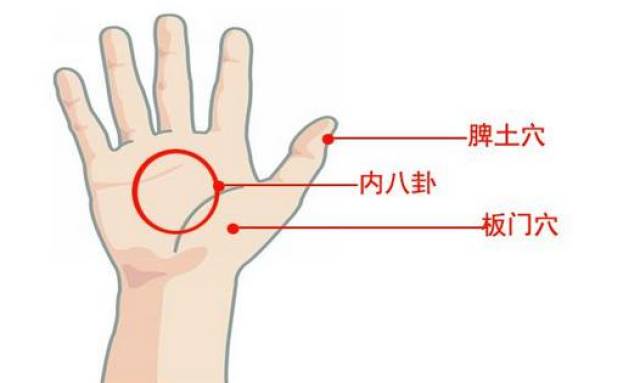 推脾土:脾土穴在大拇指的螺纹面,宝妈可用拇指顺时针方向旋转按摩