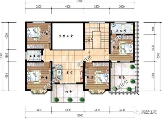 二层平面图展示:设有客厅,中空堂屋,4卧室,1公共卫生间,1独卫;二楼为